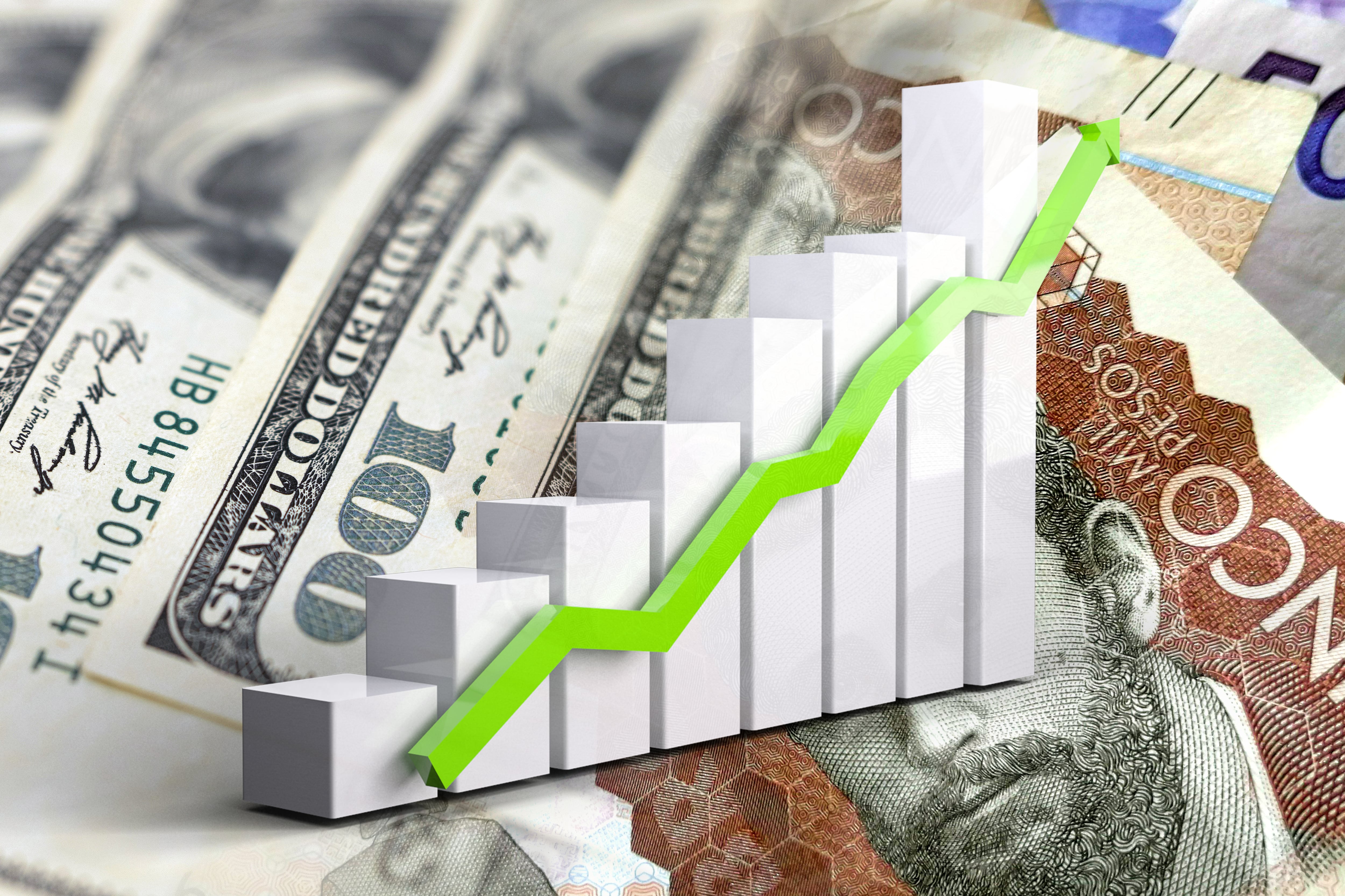 Economy chart: rising arrow, and cash bills of dollars and Colombian pesos (inflation, devaluation)