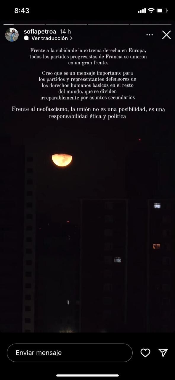 Historia de Instagram de Sofía Petro