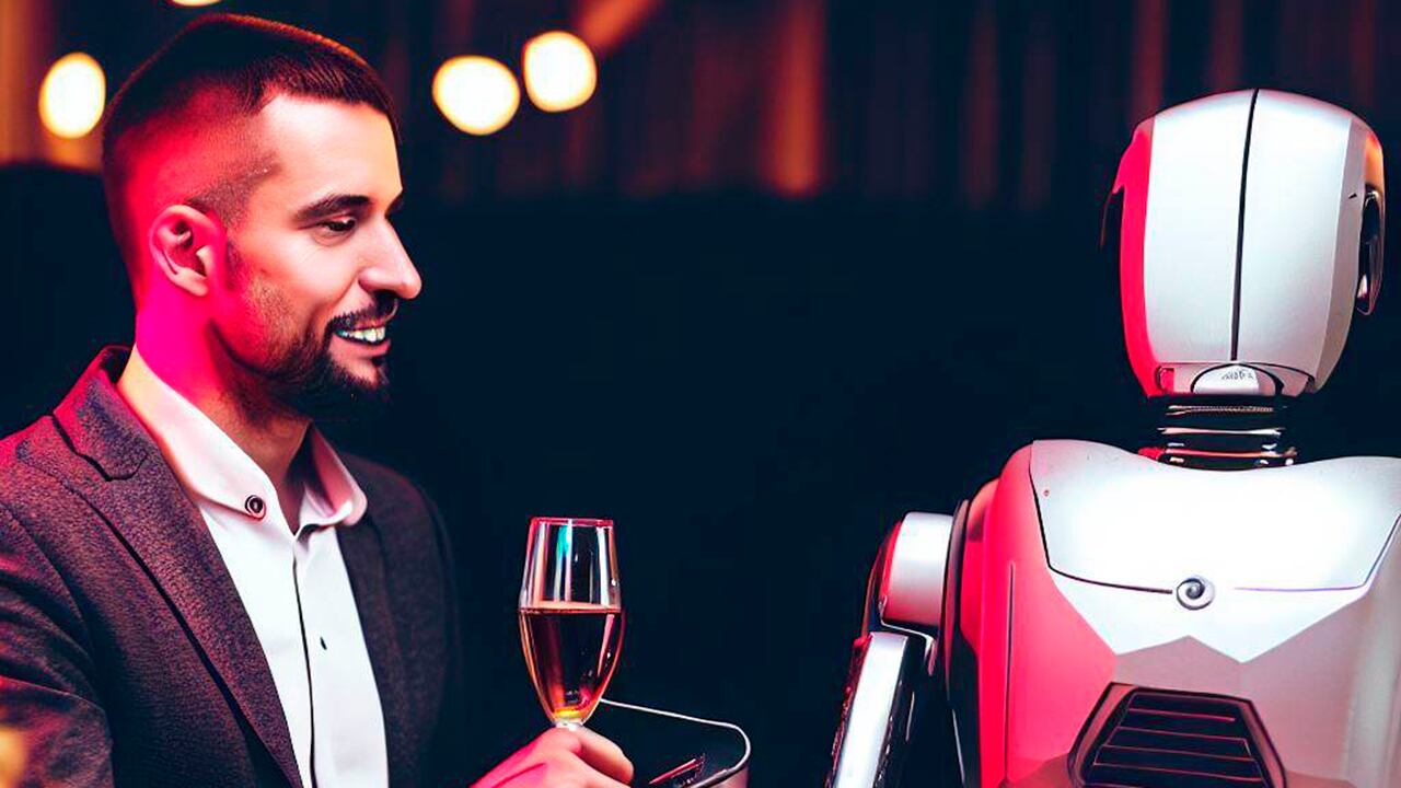 Ilustración de un hombre teniendo una cita con un robot.