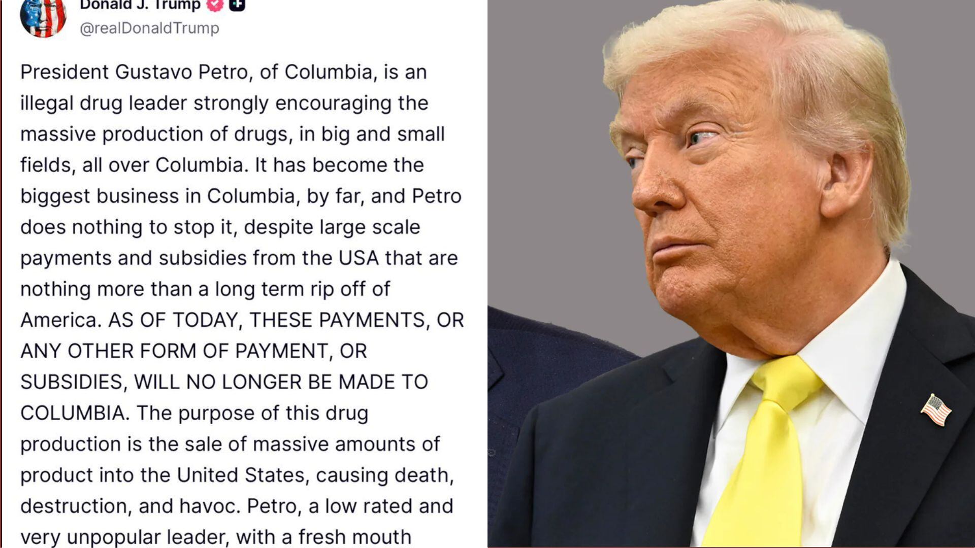Trump arremete de nuevo contra Petro y lo acusa de ser “líder del narcotráfico que incentiva la producción masiva de drogas”.