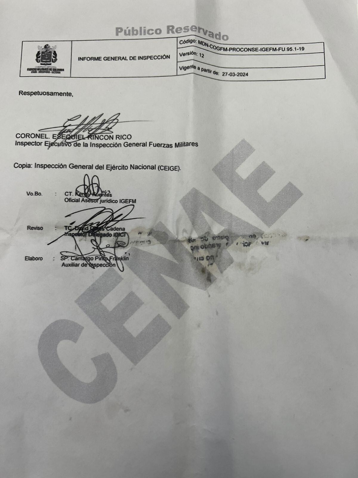 Documento de la Inspección de las Fuerzas Militares, dirigido al Ejército.