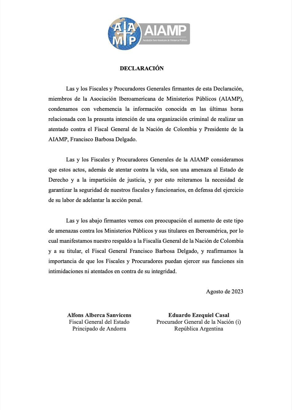 Declaración de la Asociación Iberoamericana de Ministerios Públicos (AIAMP).