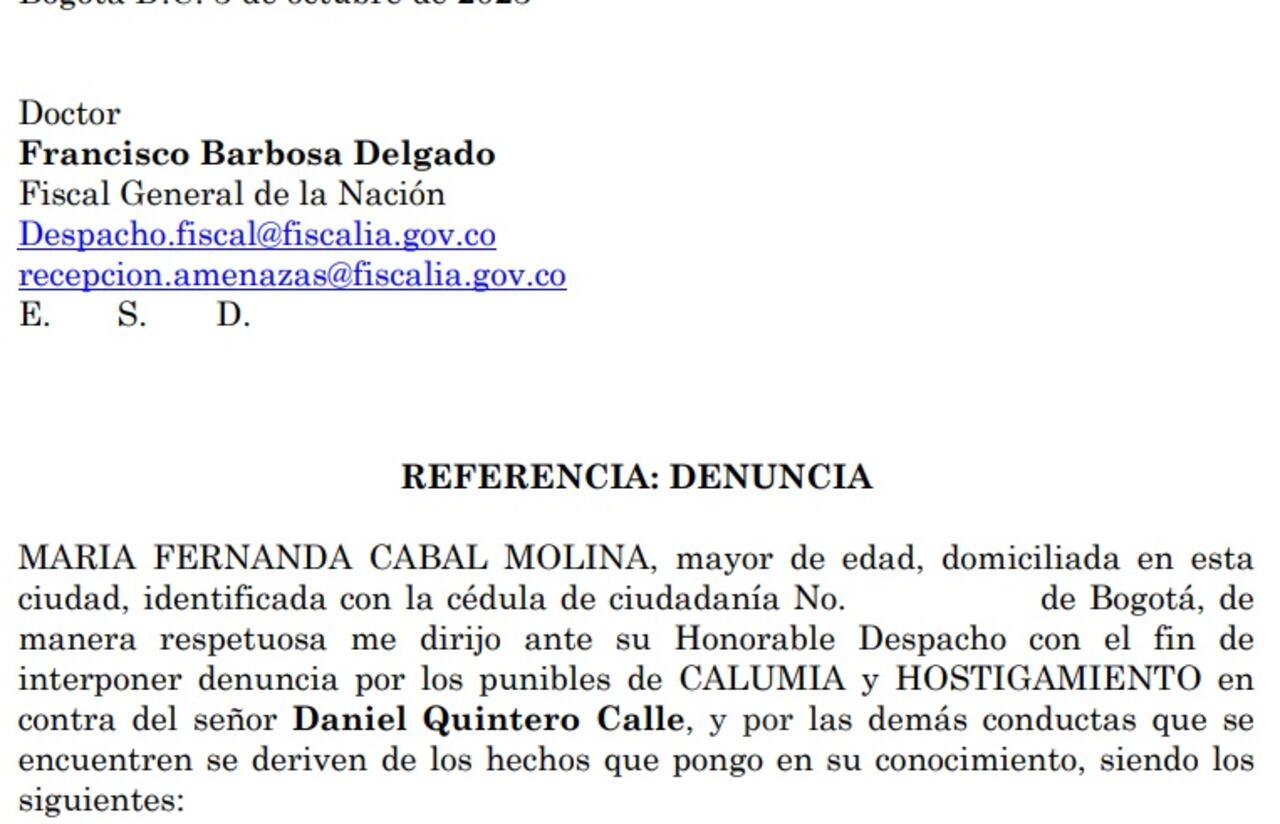 Denuncia María Fernanda Cabal a Daniel Quintero