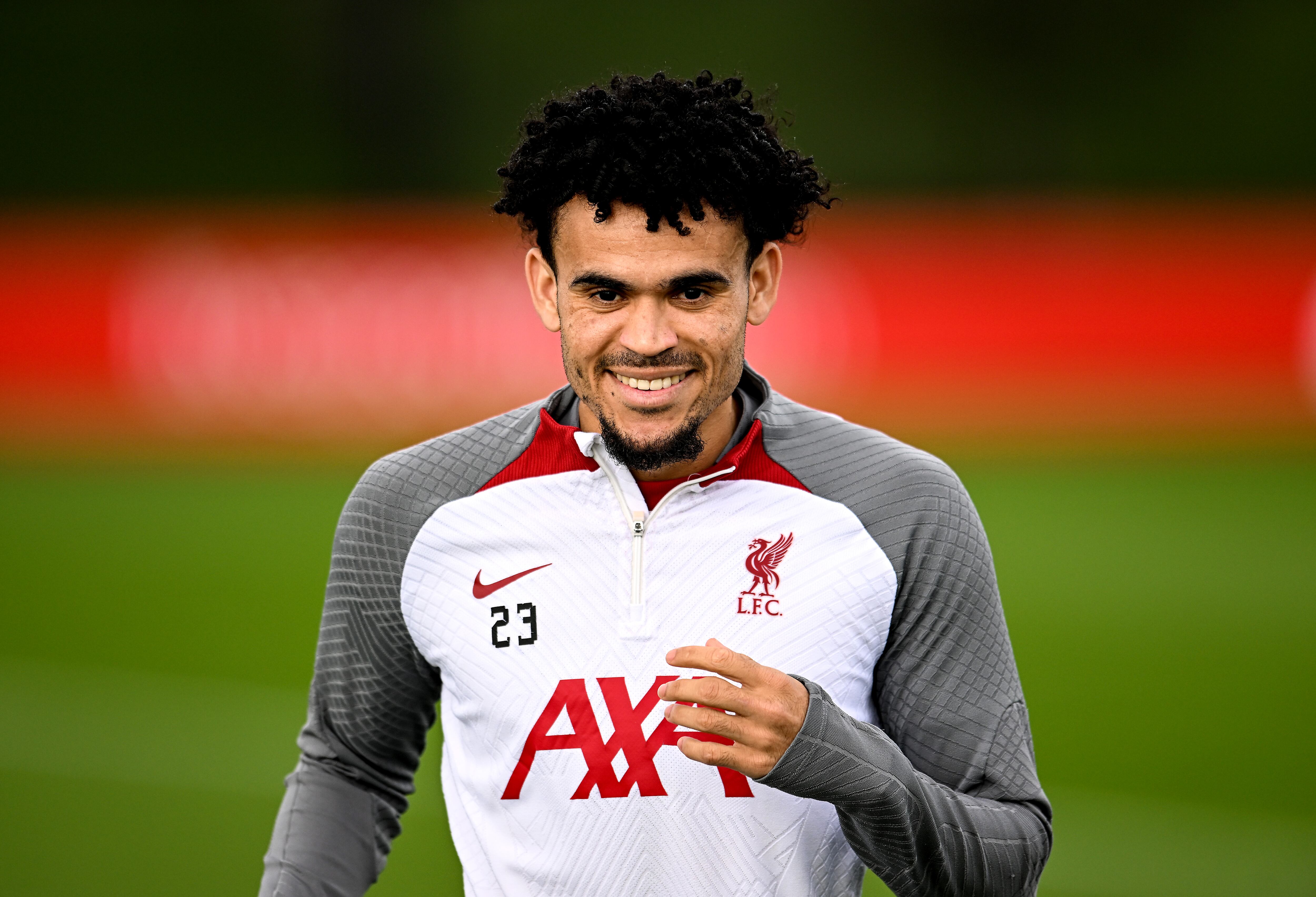 KIRKBY, ENGLAND - MARCH 30: (THE SUN OUT, THE SUN ON SUNDAY OUT) Luis Diaz of Liverpool during a training session at AXA Training Centre on March 30, 2023 in Kirkby, England. (Photo by Andrew Powell/Liverpool FC via Getty Images)