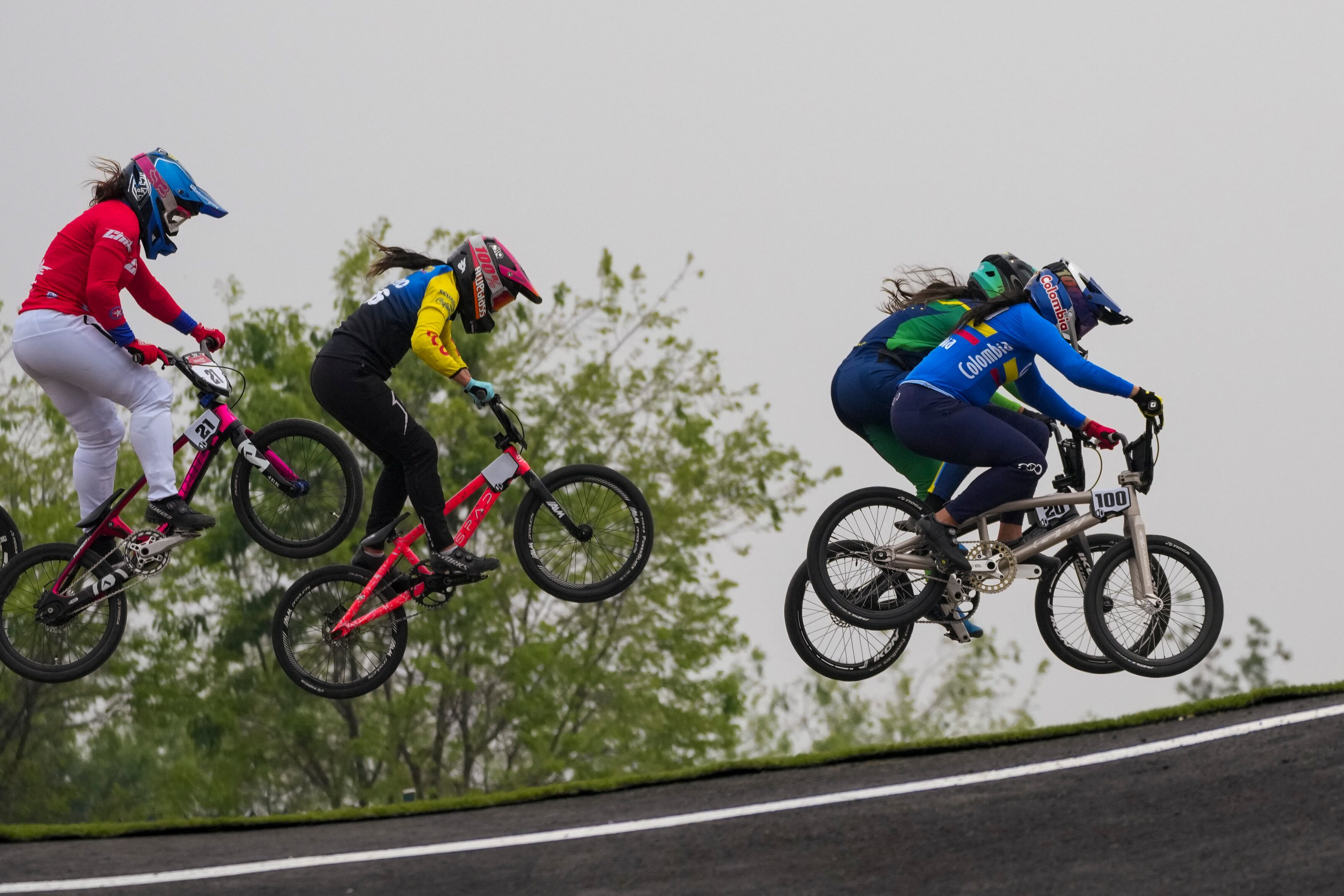 Colombia's Mariana Pajon leads a women's BMX racing run at the Pan American Games in Santiago, Chile, Sunday, Oct. 22, 2023. (AP Photo/Dolores Ochoa)
