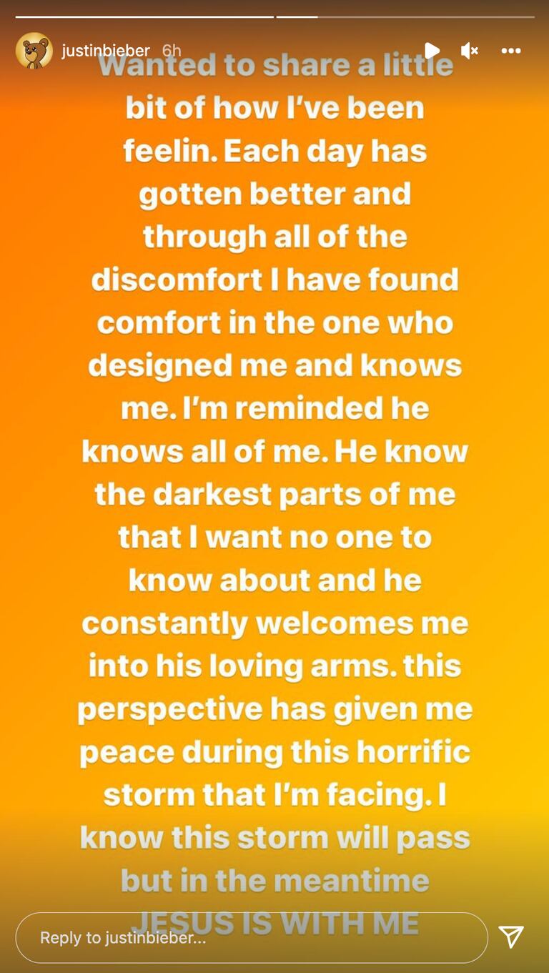 Mensaje de Justin Bieber sobre su actual estado de salud
