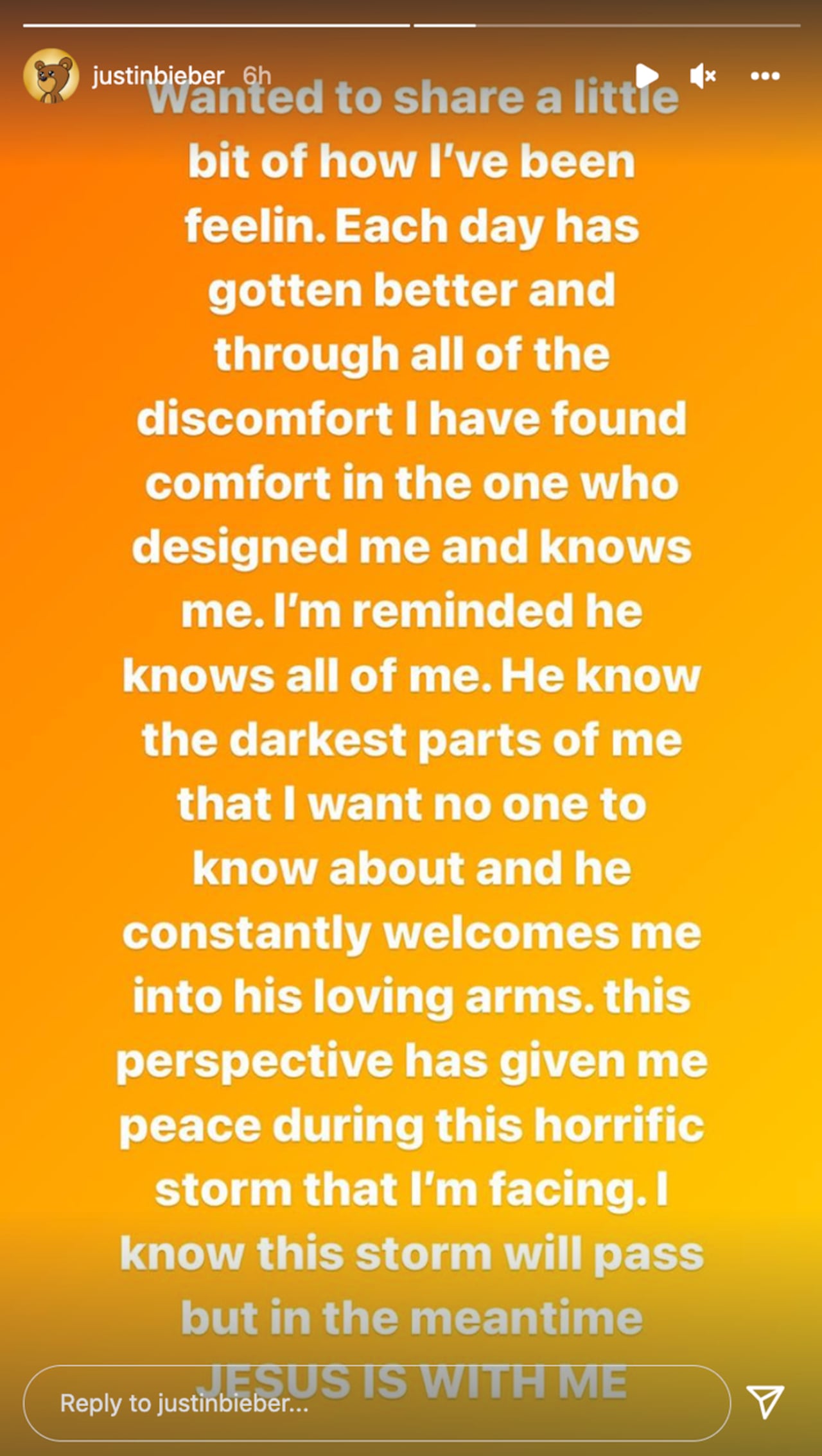 Mensaje de Justin Bieber sobre su actual estado de salud