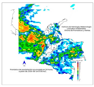 Mapa del clima para el lunes 24 de agosto en Colombia.