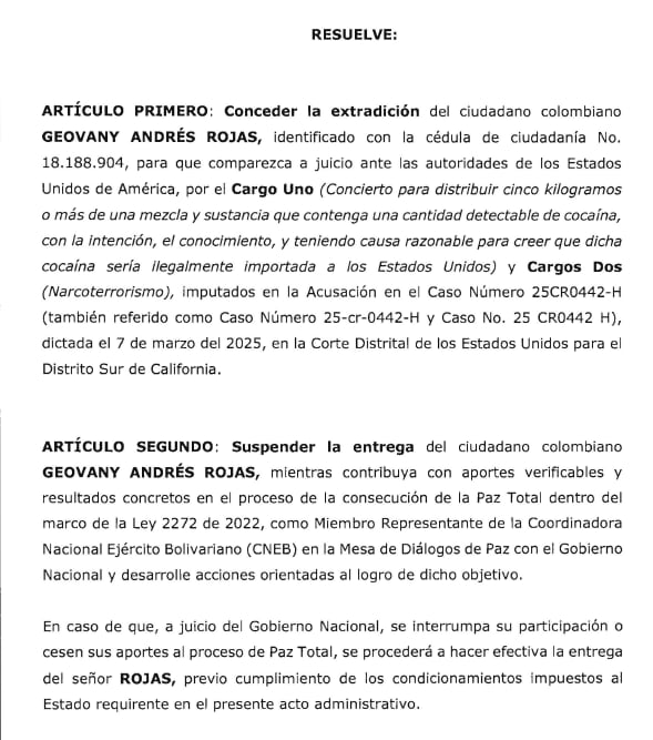 Resolución ejecutiva a través de la cual se suspende la extradición de alias Araña.