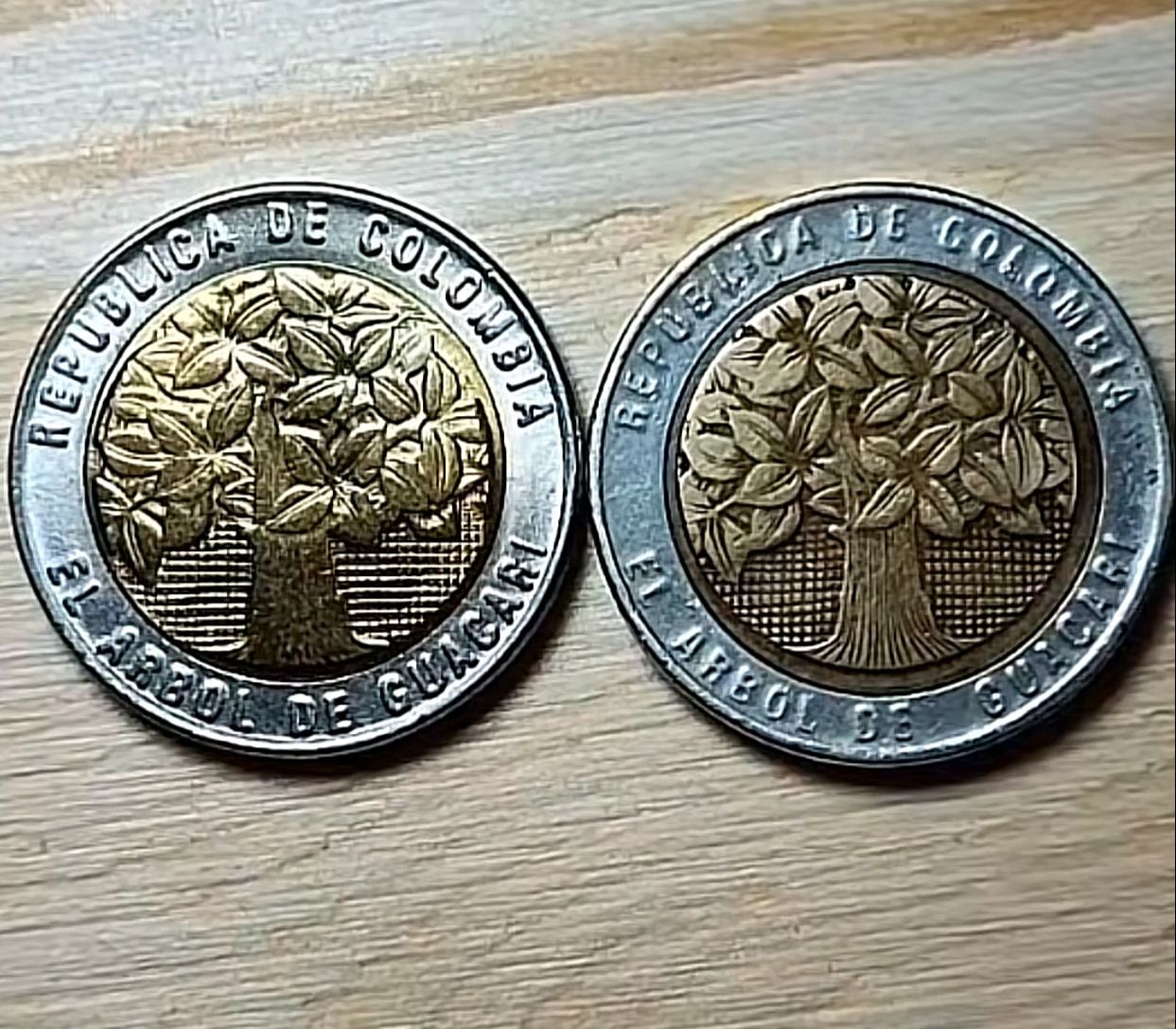 El hombre puso las dos monedas conjuntas de frente poniendo la cara con el valor de 500 pesos en el frente de manera uniforme