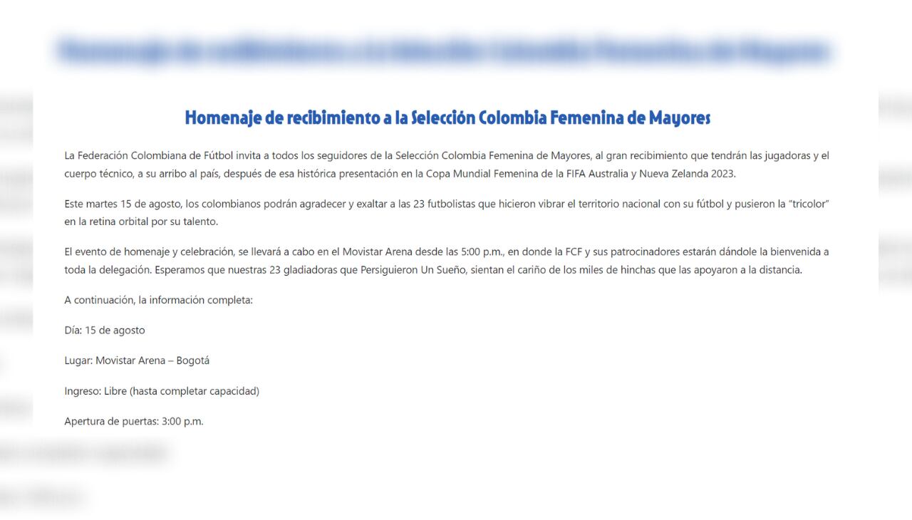 Comunicado FCF sobre el homenaje a la Selección Colombia Femenina