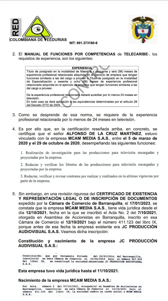 Fragmento de denuncia contra directivo de Telecaribe
