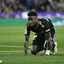 Real Madrid's Vinicius Junior gets up from the ground during a Spanish La Liga soccer match between Valladolid and Real Madrid at the Jose Zorrilla stadium in Valladolid, Spain, Friday, Dec. 30, 2022. (AP/Pablo Garcia)