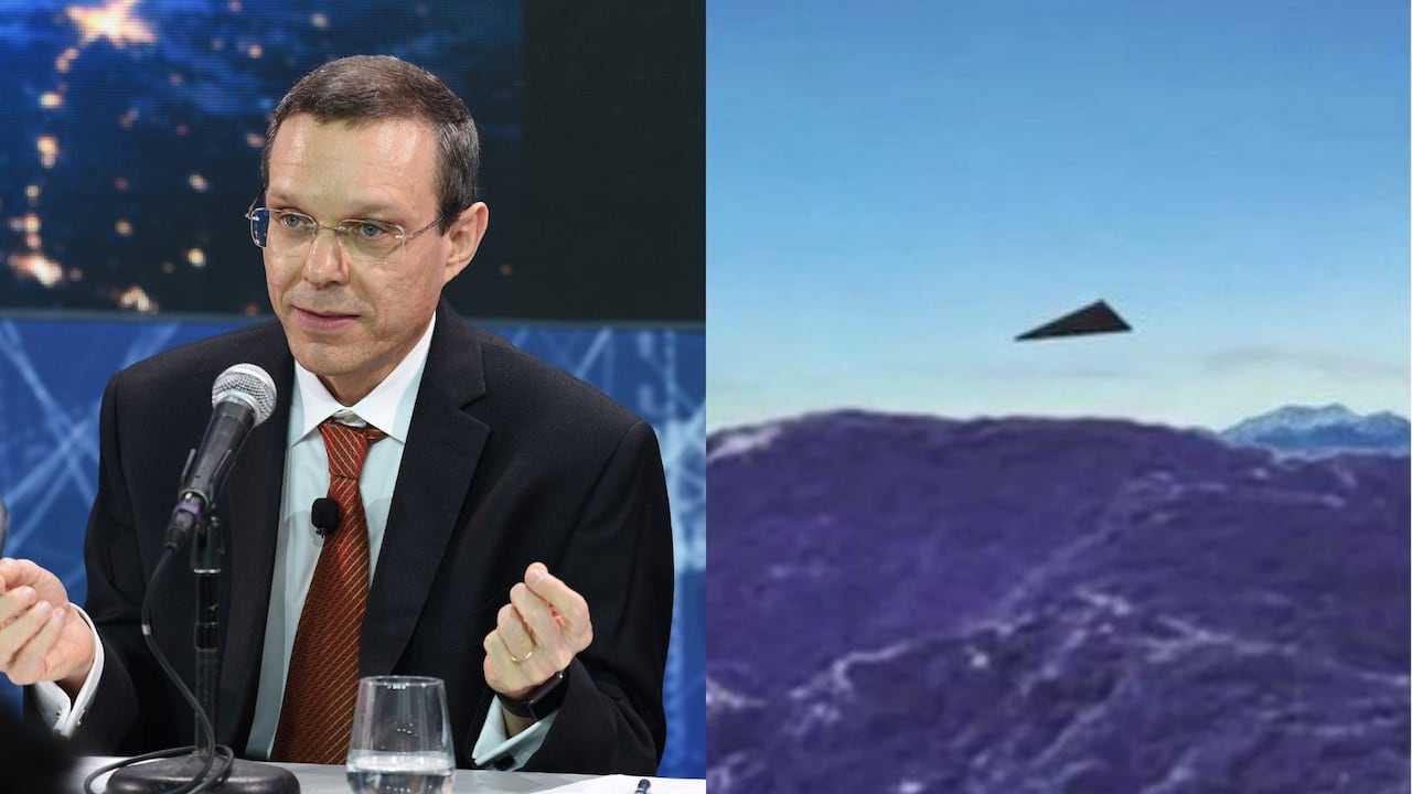 Avi Loeb junto a imagen de un objeto volador captado por el Pentágono.