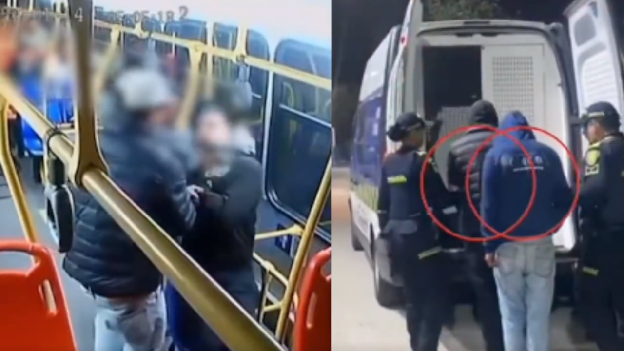 De izquierda a derecha: momento exacto del robo y los presuntos delincuentes en poder de la Policía.