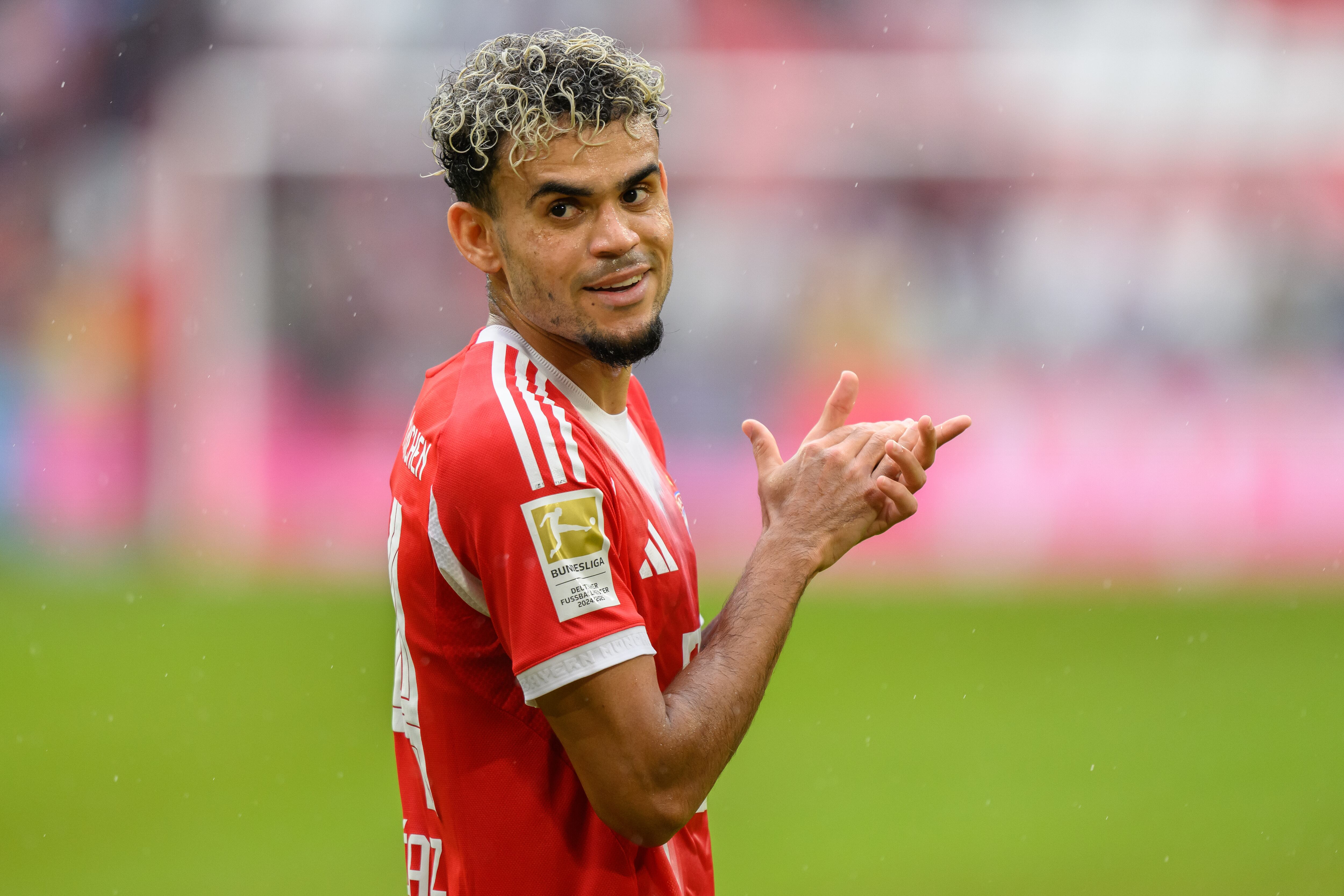 MUNICH, GERMANY - AUGUST 02: Luis Diaz of FC Bayern München reacts after the pre-season friendly match between FC Bayern München and Olympique Lyonnais at Allianz Arena on August 02, 2025 in Munich, Germany. (Photo by Christian Kaspar-Bartke/Getty Images)