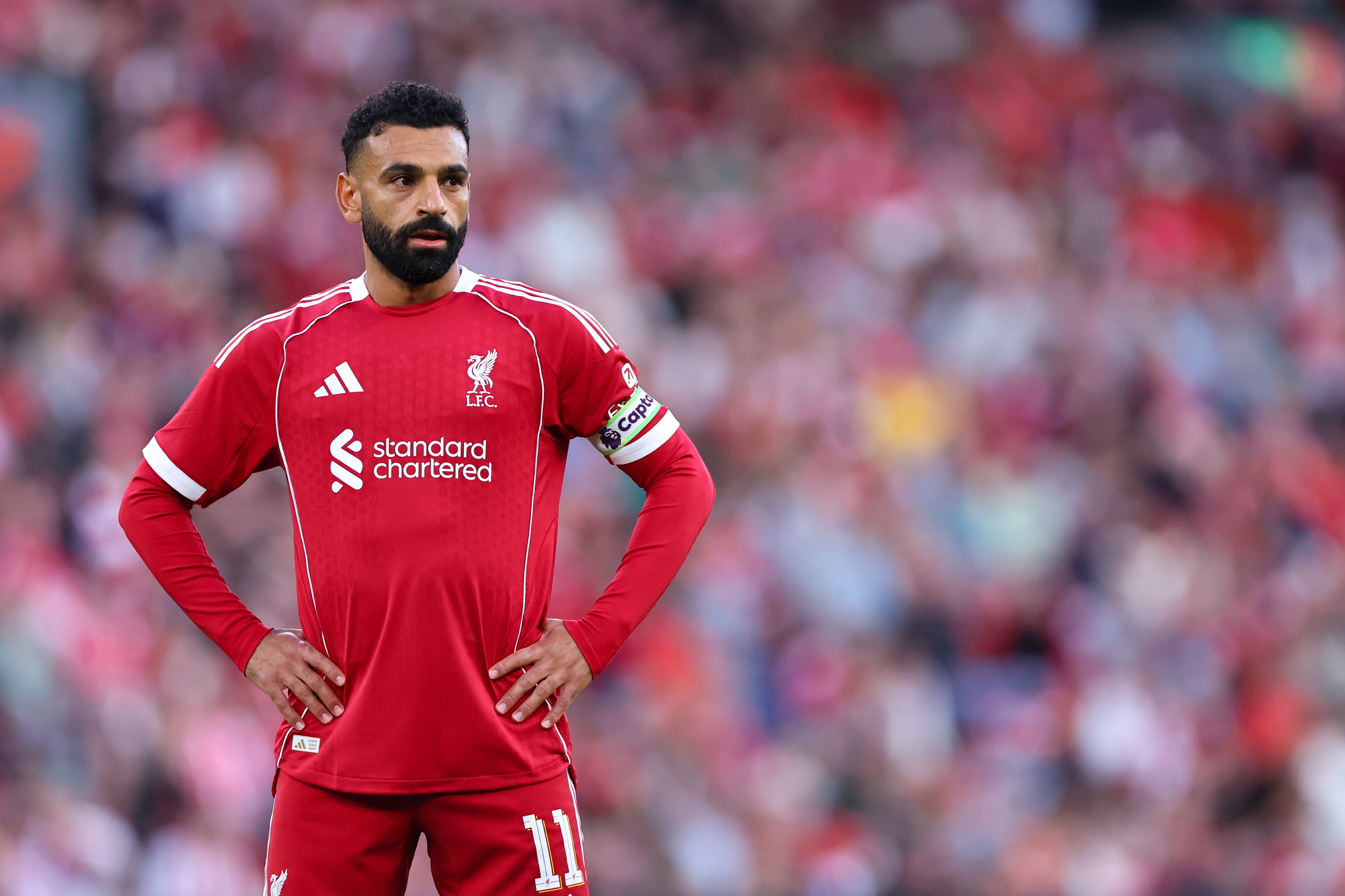 LIVERPOOL, ENGLAND - AUGUST 4: Mohamed Salah of Liverpool during the pre-season friendly match between Liverpool v Athletic Club Bilbao at Anfield on August 4, 2025 in Liverpool, England. (Photo by Robbie Jay Barratt - AMA/Getty Images)