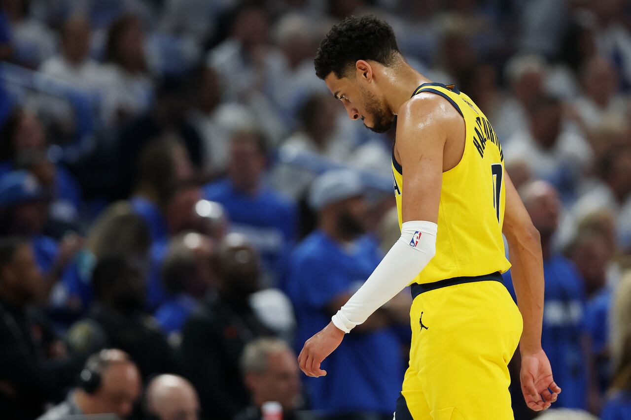 OKLAHOMA CITY, OKLAHOMA - JUNE 16: Tyrese Haliburton #0 of the Indiana Pacers reacts during the first quarter \ao in Game Five of the 2025 NBA Finals at Paycom Center on June 16, 2025 in Oklahoma City, Oklahoma. NOTE TO USER: User expressly acknowledges and agrees that, by downloading and or using this photograph, User is consenting to the terms and conditions of the Getty Images License Agreement. (Photo by Matthew Stockman/Getty Images)