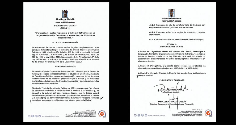 Este es el decreto 0412 que firmó el exalcalde Daniel Quintero en mayo de 2023, y es la prueba reina en su proceso judicial en la Fiscalía.