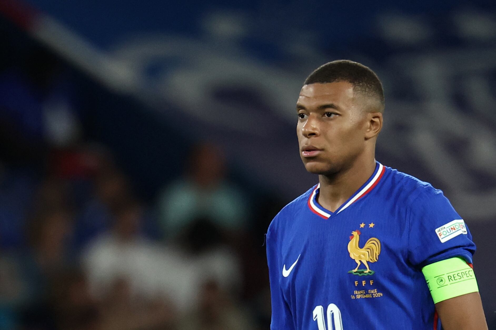 France's forward #10 Kylian Mbappe looks on during the UEFA Nations League Group A2 football match between France and Italy at the Parc des Princes in Paris on September 6, 2024. (Photo by Franck FIFE / AFP)