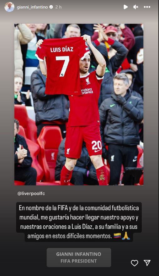 El presidente de la Fifa, Gianni Infantino, se solidarizó con Luis Díaz por el duro momento que vive a nivel familiar.