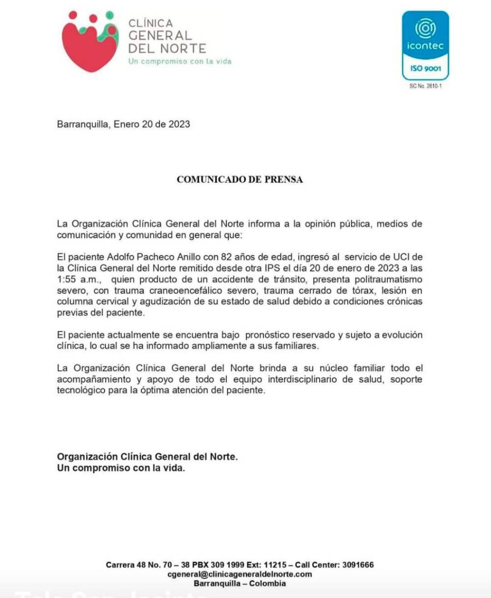 Parte médico Adolfo Pacheco