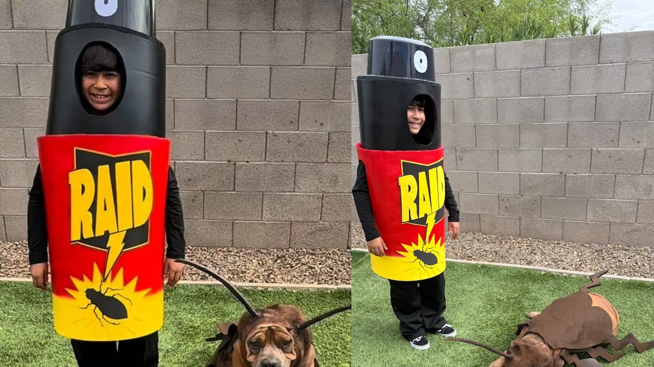 Niño y su perro se vuelven virales en redes sociales con ingenioso disfraz de Raid y cucaracha para Halloween