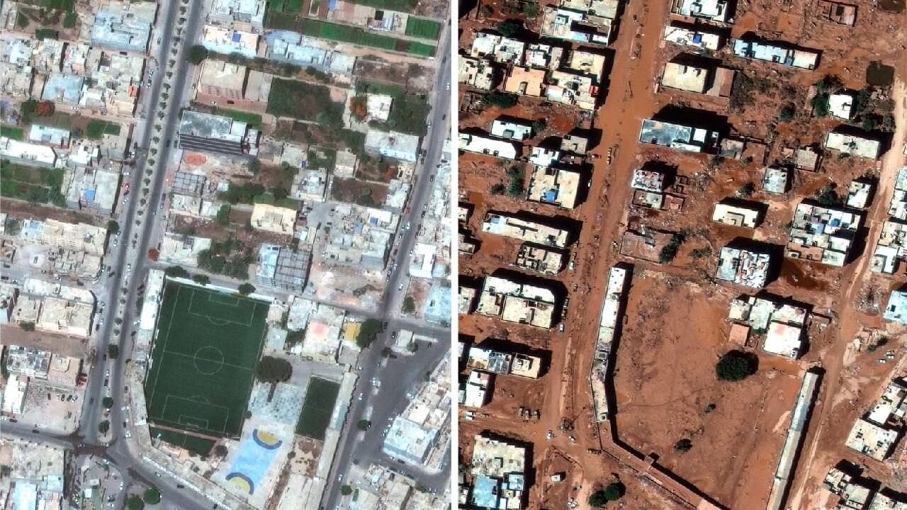 Vecindario de Derna, Libia, el 1 de julio de 2023, arriba, y la misma zona dañada por las inundaciones el miércoles 13 de septiembre de 2023.