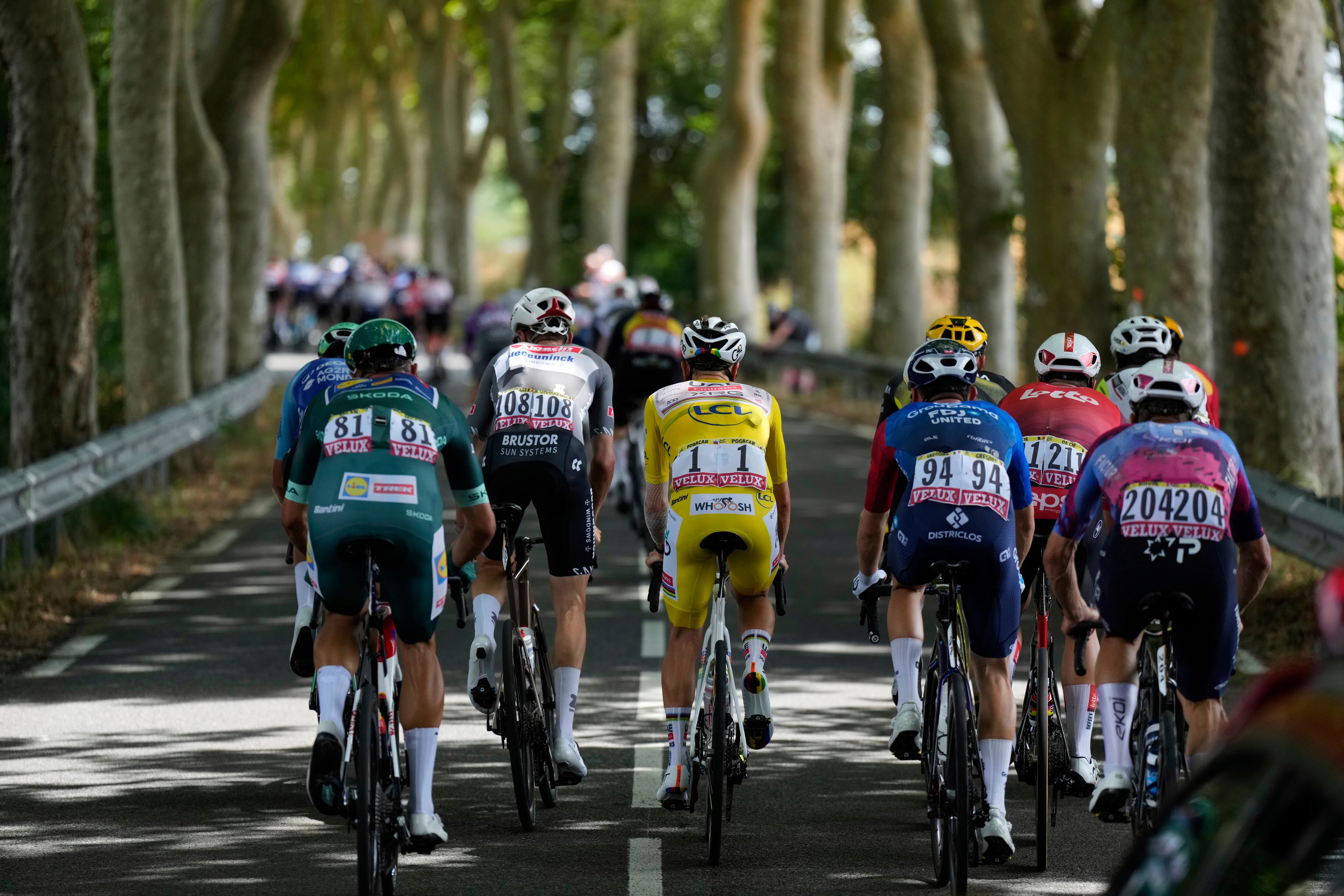 The group with Slovenia's Tadej Pogacar, wearing the overall leader's yellow jersey, center, rides during the fifteenth stage of the Tour de France cycling race over 169.3 kilometers (105.2 miles) with start in Muret and finish in Carcassone, France, Sunday, July 20, 2025. (AP Photo/Mosa'ab Elshamy)
