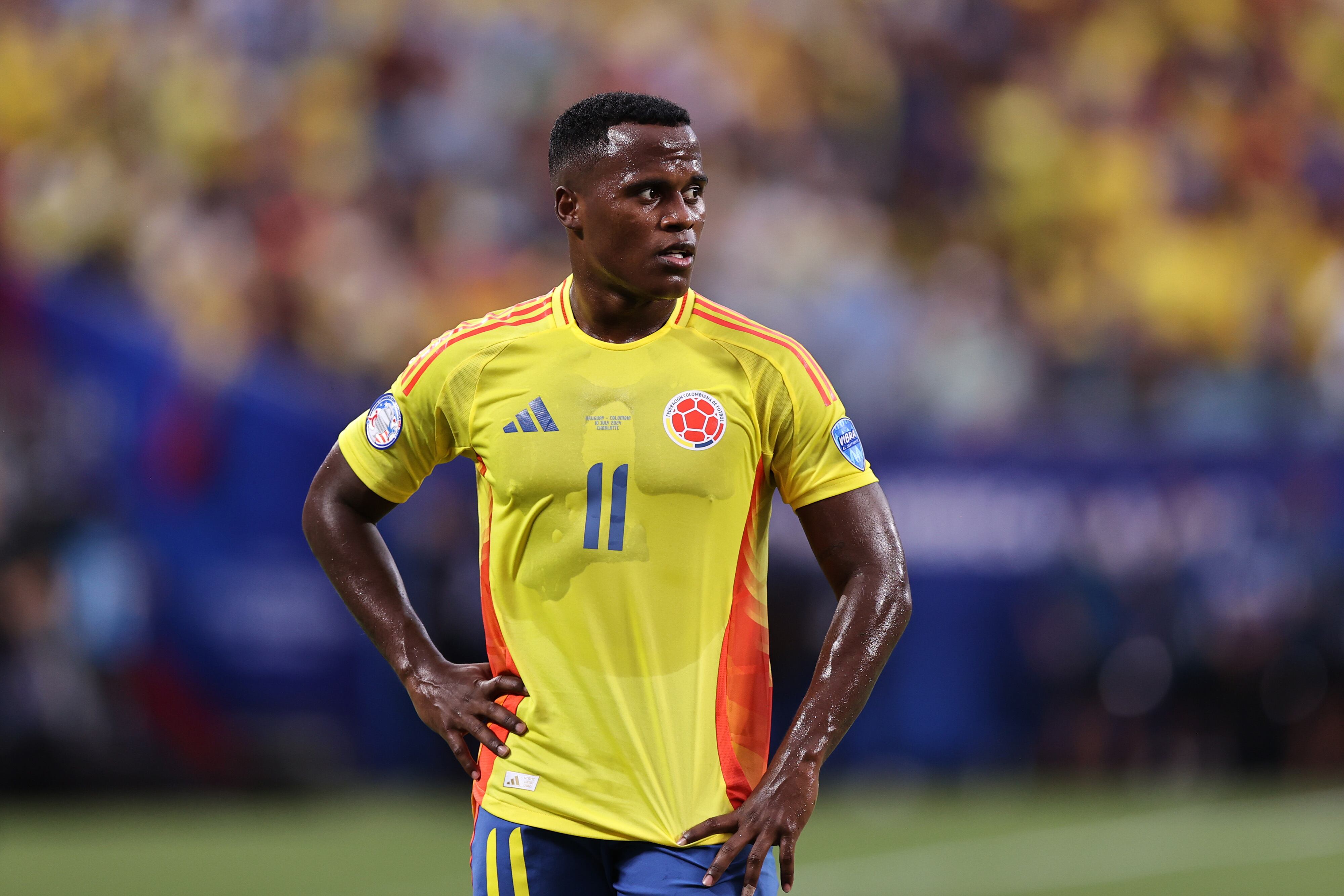 CHARLOTTE, NORTH CAROLINA - JULY 10: Jhon Arias of Colombia gestures during the CONMEBOL Copa America 2024 semifinal match between Uruguay and Colombia at Bank of America Stadium on July 10, 2024 in Charlotte, North Carolina. (Photo by Omar Vega/Getty Images)