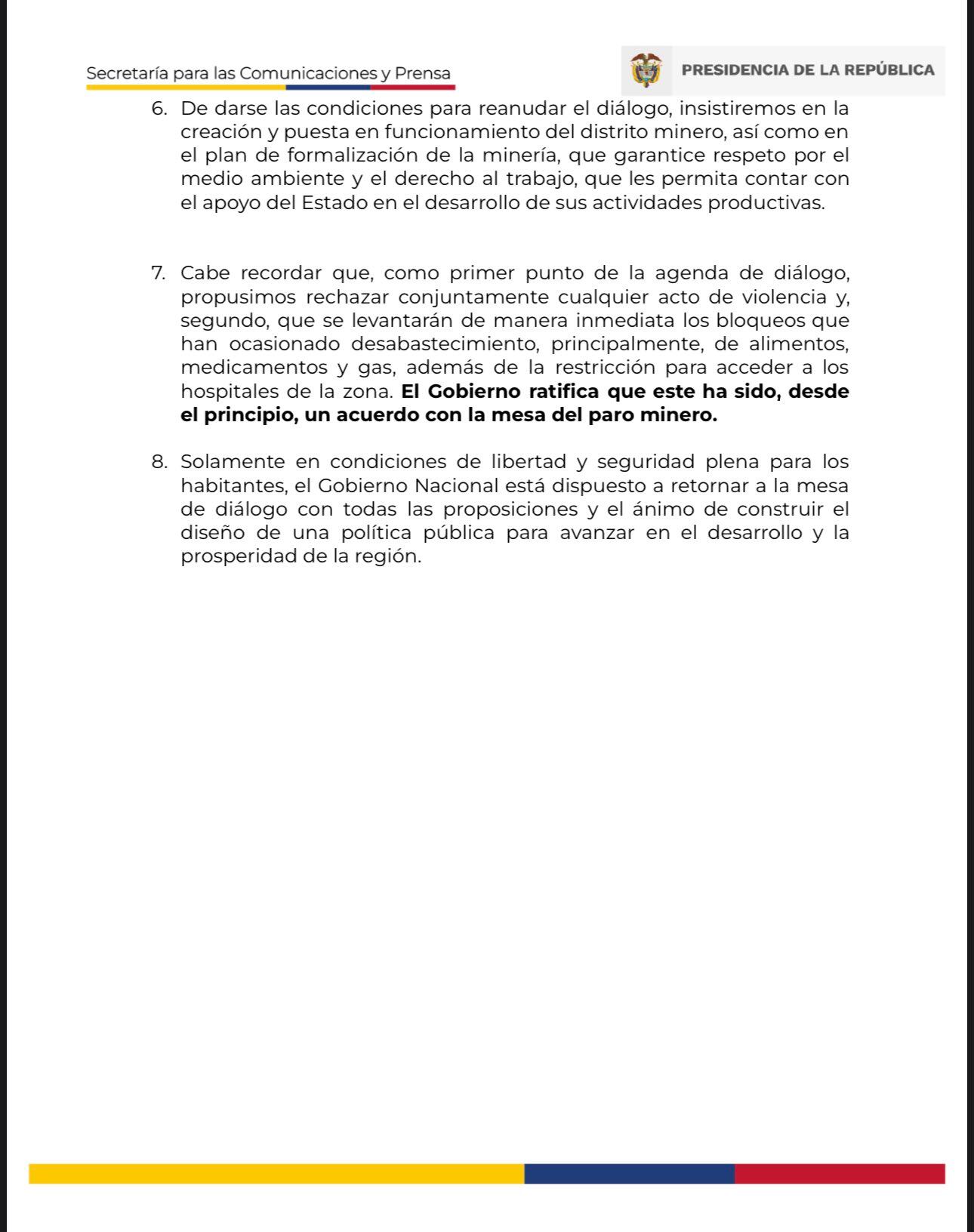 Comunicado Gobierno paro minero