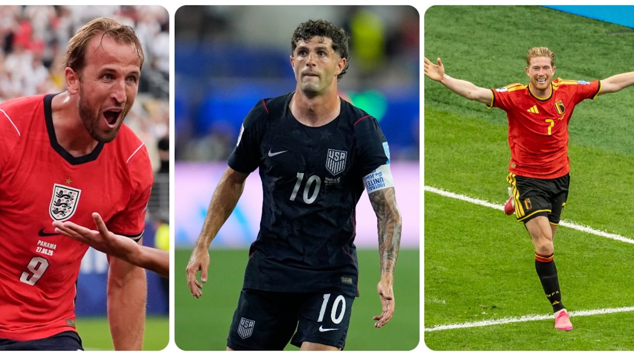 Harry Kane (izq.) de la selección inglesa, Christian Pulisic (cen.) del combinado estadunidense y Kevin De Bruyne (dre.) con Bélgica verán acción este miércoles 1 de julio.