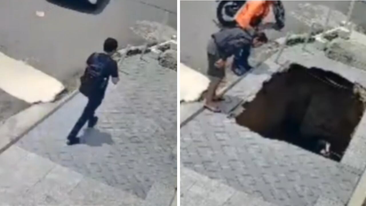 La tierra cedió bajo los pies de un estudiante y el hecho quedó registrado en video.