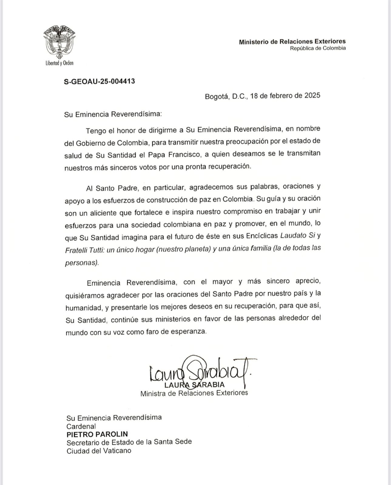 Carta emitida por la canciller, Laura Sarabia