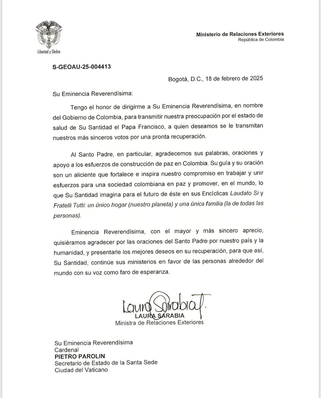 Carta emitida por la canciller, Laura Sarabia