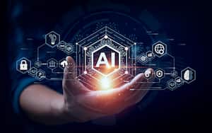 Businessman touching the brain working of Artificial Intelligence (AI) 
Automation, Predictive analytics, Customer service AI-powered chatbot, analyze customer data, business and technology