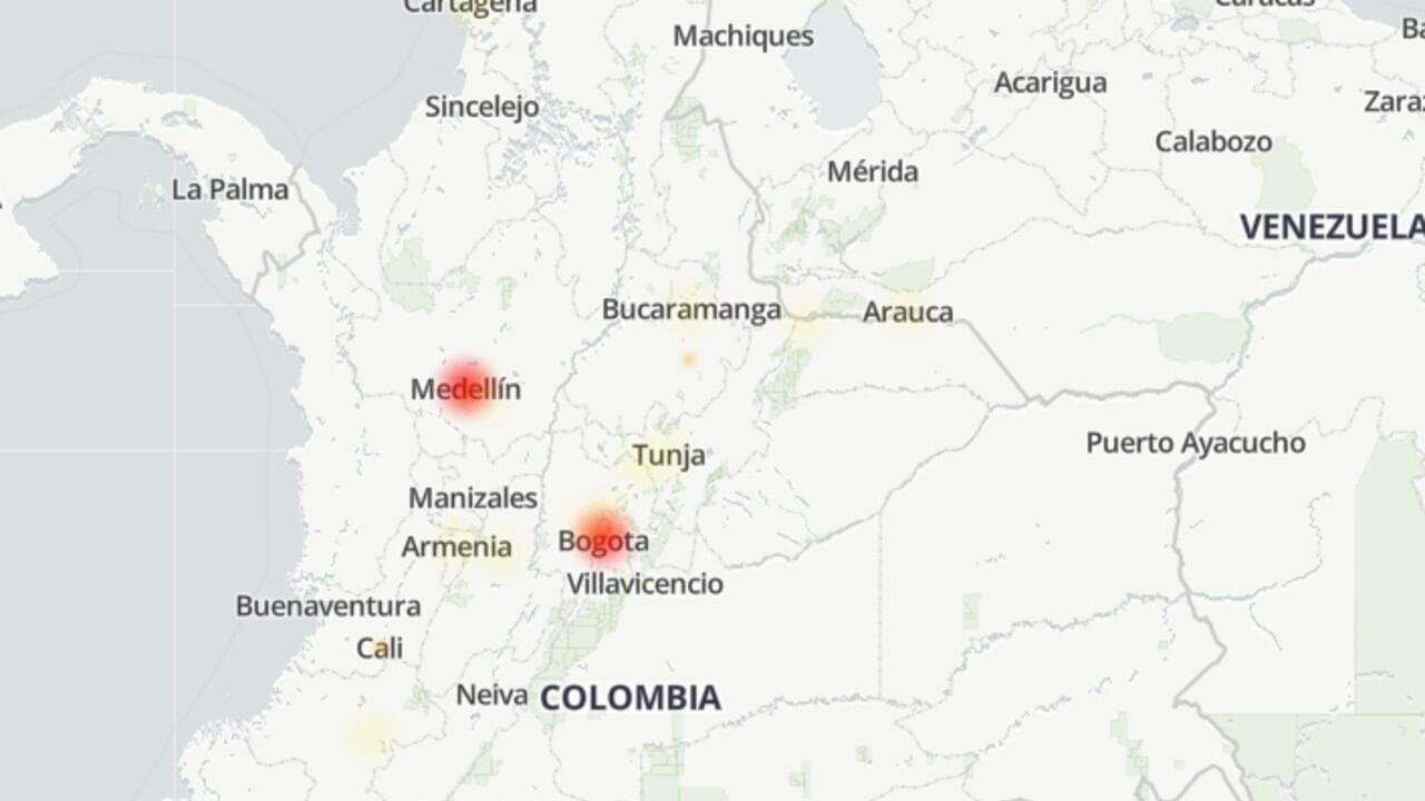 Mapa de 'Downdetector' con fallas de WhatsApp en Colombia.