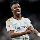 Real Madrid's Vinicius Junior celebrates after scoring his side's first goal during a Spanish La Liga soccer match between Real Madrid and Celta Vigo at the Santiago Bernabeu stadium in Madrid, Spain, Sunday, March 10, 2024. (AP Photo/Manu Fernandez)