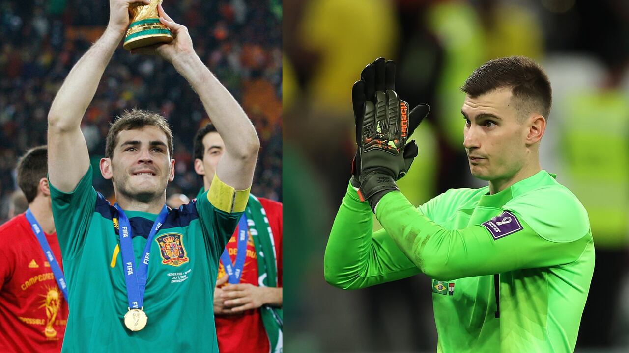 Íker Casillas, campeón en Sudáfrica 2010, y Dominik Livaković, portero de Croacia en Qatar 2022.
