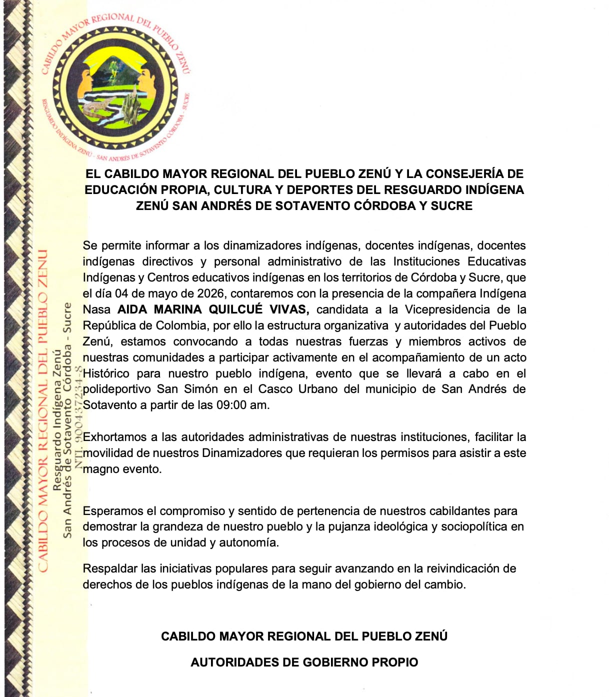 Carta invitando a asistir a un evento de Aida Quilcué en Córdoba.