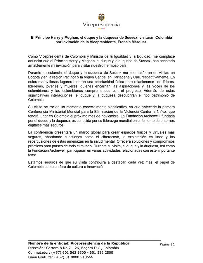 Comunicado sobre visita de los duques de Sussex a Colombia