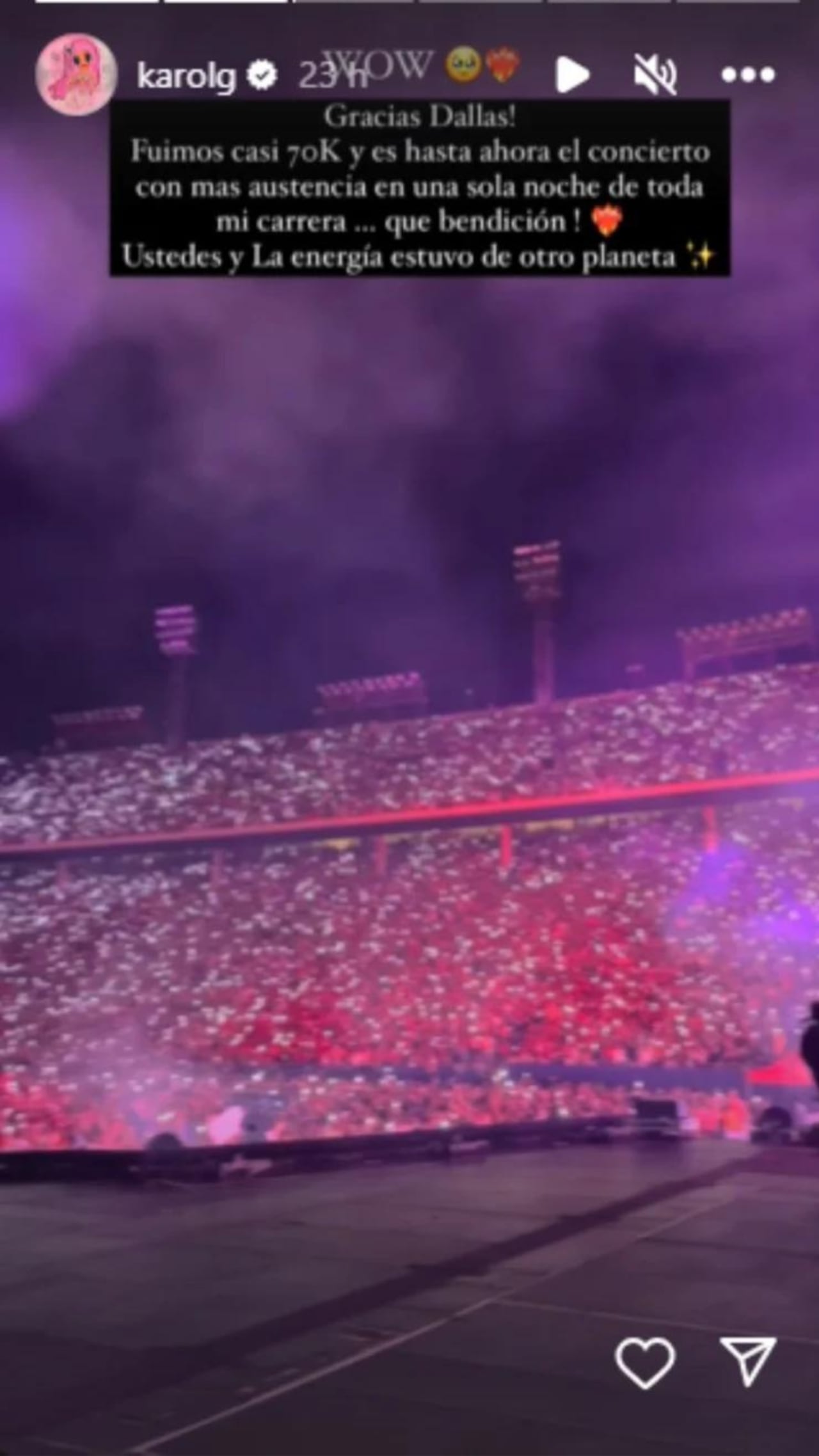 Karol G logró reunir a 68.914 personas en su concierto en Dallas, Texas.