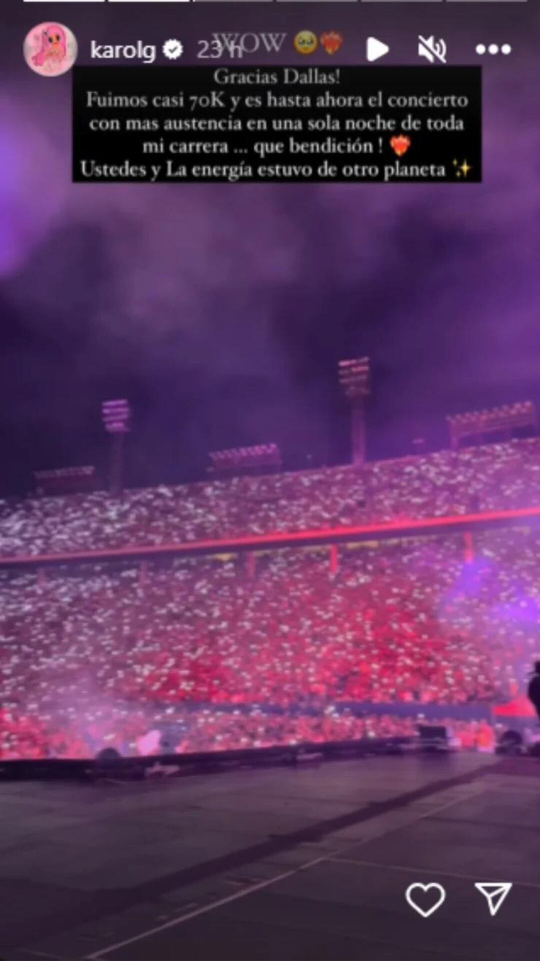 Karol G logró reunir a 68.914 personas en su concierto en Dallas, Texas.