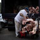 Un hombre descarga un camión con carne en el Mercado Central de Buenos Aires el 1 de septiembre de 2023 en Buenos Aires, Argentina. Los expertos esperan una tasa de inflación de dos dígitos para agosto, lo que contribuirá a una tasa global de más del 115% anual. (Foto de Tomás Cuesta/Getty Images)