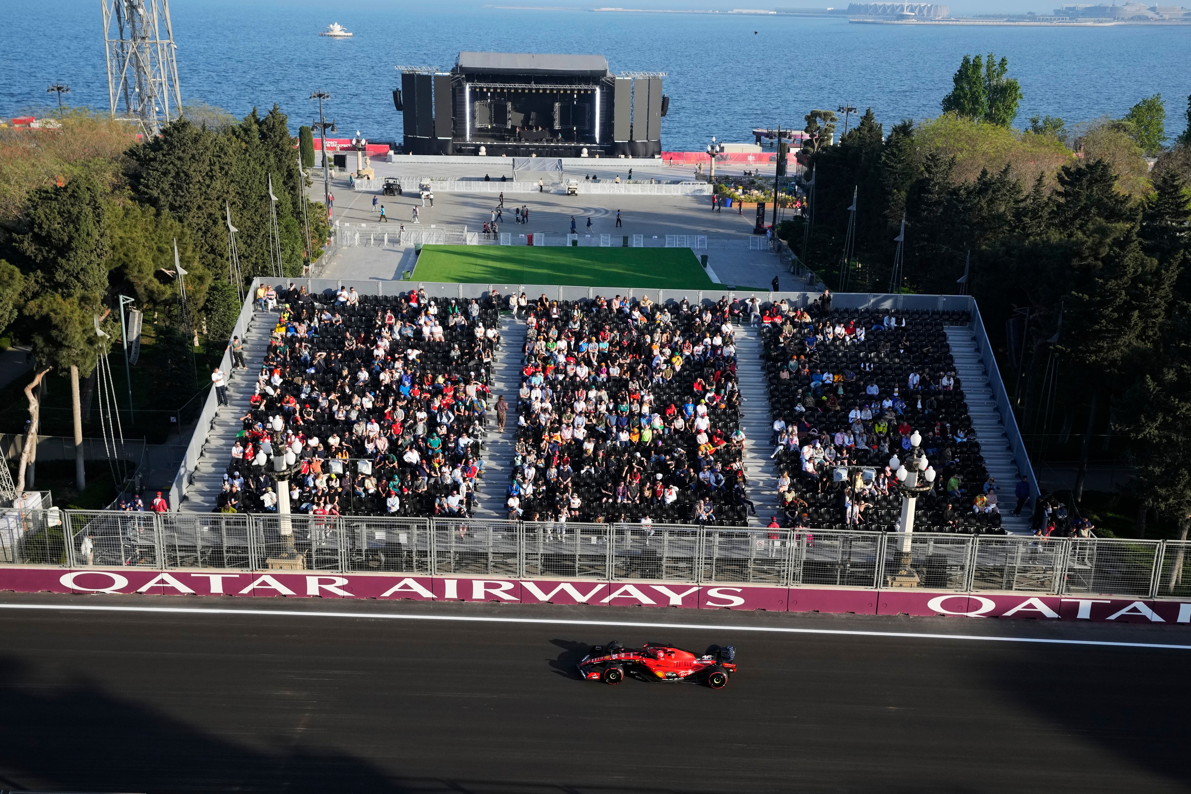 Ferrari driver Charles Leclerc of Monaco steers his car during qualifying for the Azerbaijan Formula One Grand Prix at the Baku circuit, in Baku, Azerbaijan, Friday, April 28, 2023. The Formula One Grand Prix will be held on Sunday April 30, 2023. (AP Photo/Sergei Grits)