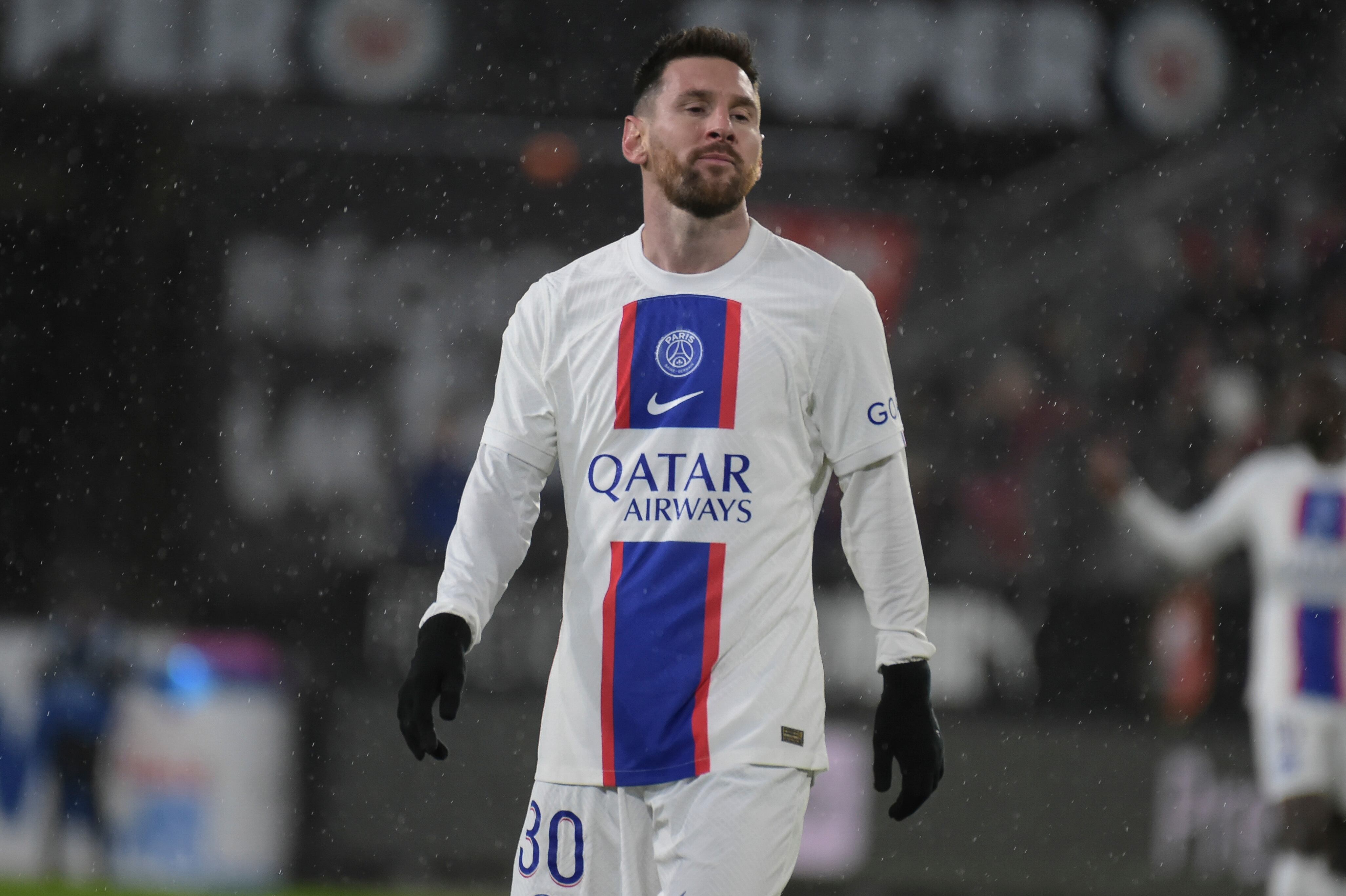 PSG's Lionel Messi looks on during the League One soccer match Rennes against Paris Saint-Germain at the Roazhon Park stadium Sunday, Jan. 15, 2023 in Rennes, western France. (AP Photo/Mathieu Pattier)