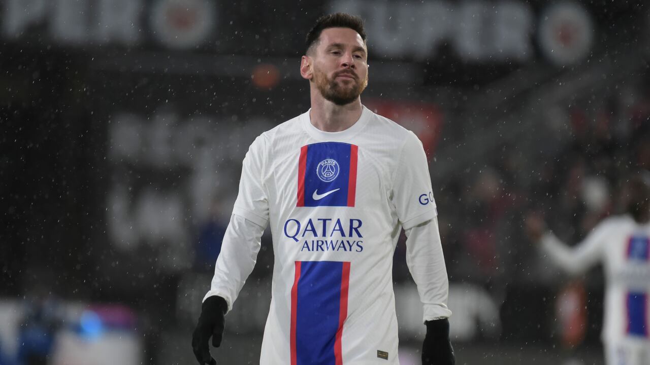PSG's Lionel Messi looks on during the League One soccer match Rennes against Paris Saint-Germain at the Roazhon Park stadium Sunday, Jan. 15, 2023 in Rennes, western France. (AP Photo/Mathieu Pattier)