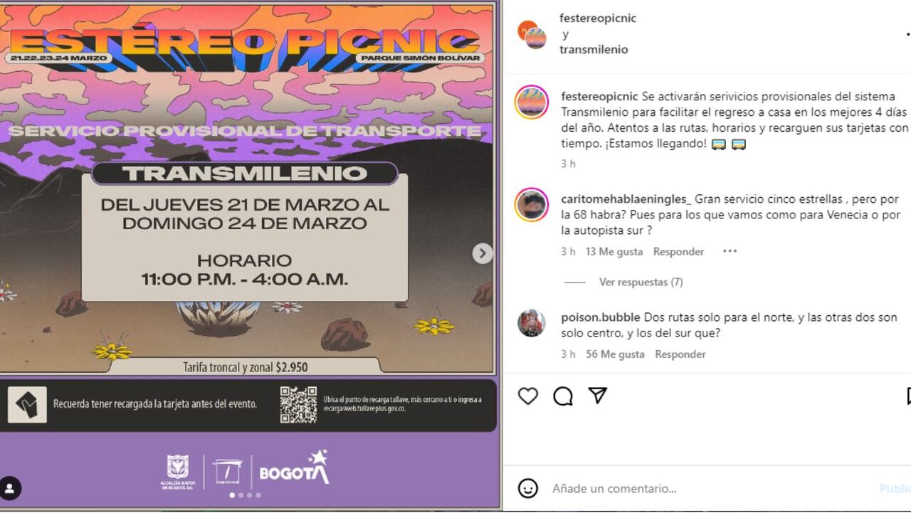 Festival Estéreo Picnic 2024: Transmilenio habilita rutas especiales hasta la madrugada