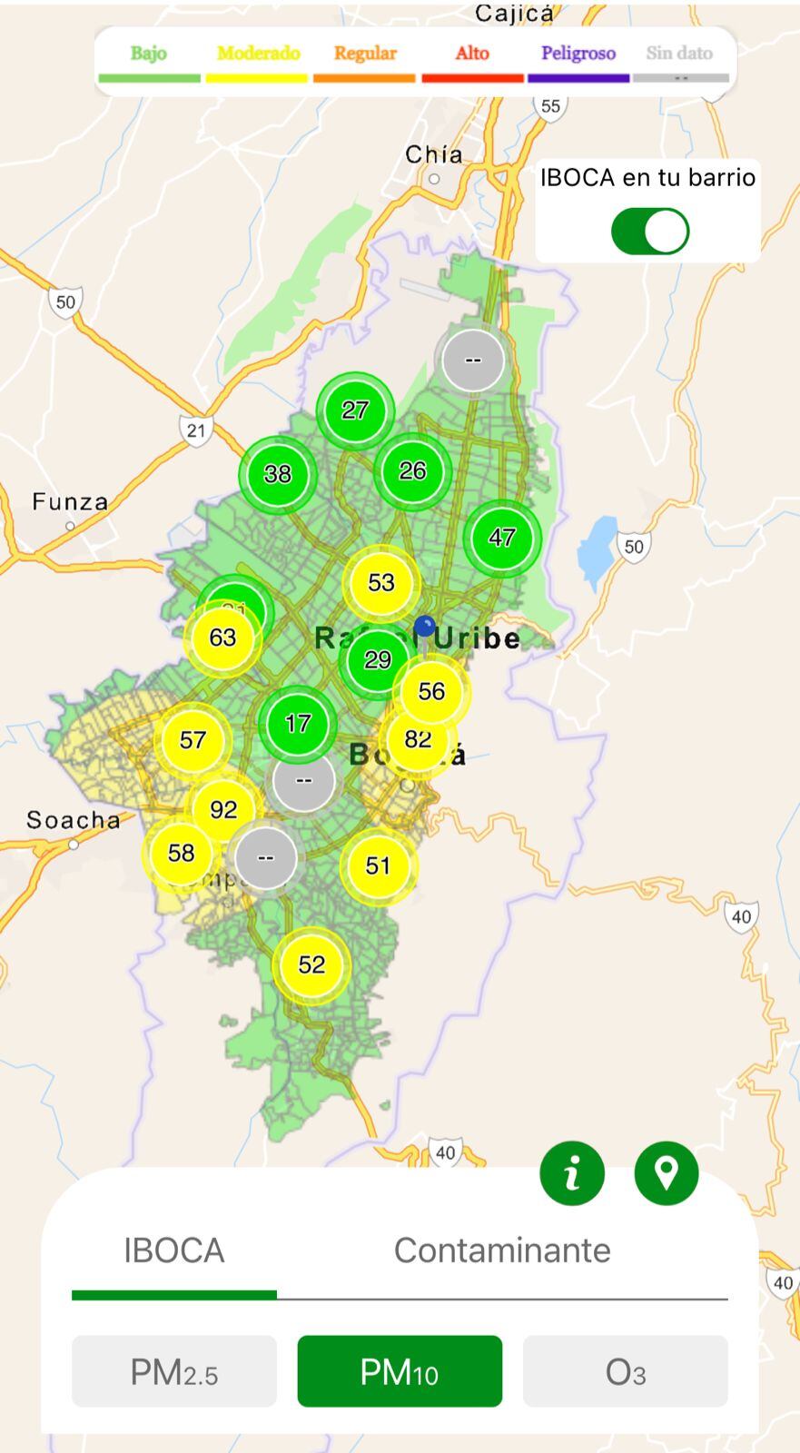 Calidad del aire en Bogotá para material particulado de 10 micras.
