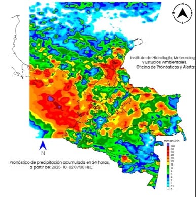 Mapa del clima para el viernes 2 de octubre en Colombia.